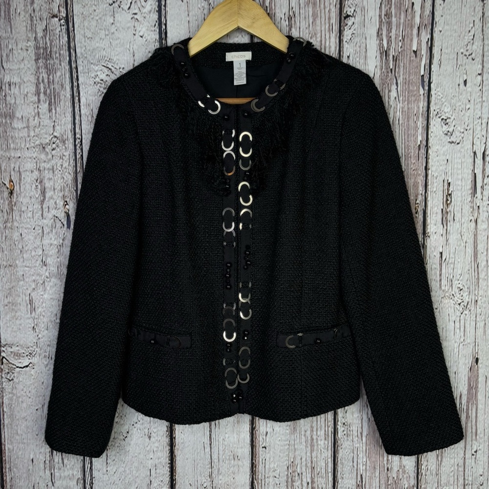 Chico’s 1 Women’s Medium Black Tweed Blazer Fully Lined Fringe Beads Faux Pocket
